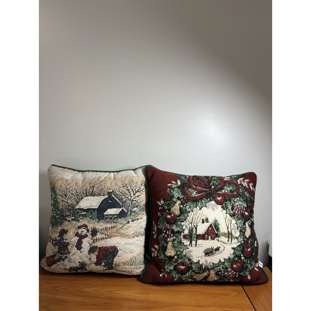 Vintage Riverdale Christmas Tapestry Pillows 15×15 Winter Barn Sleigh Wreath